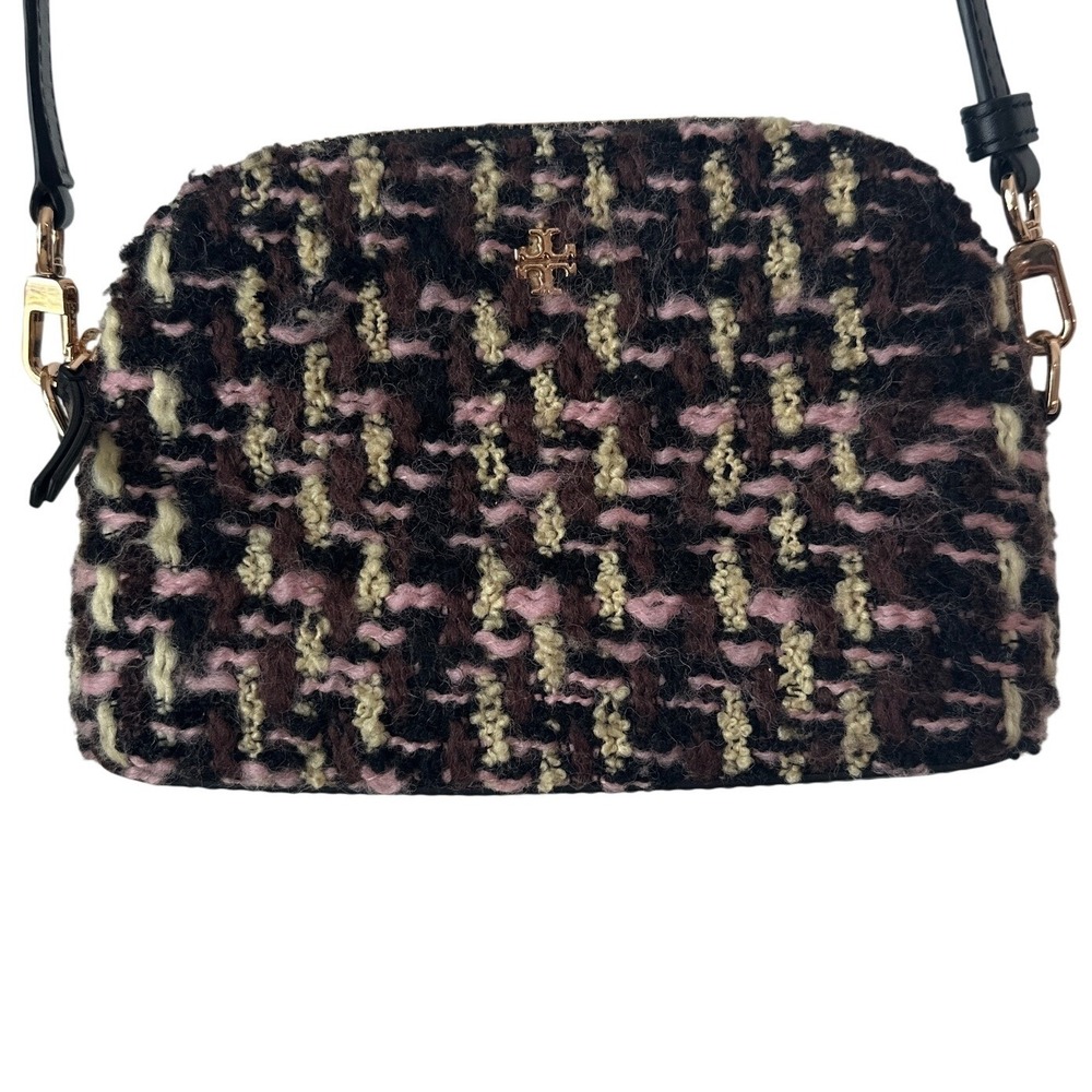 Tory Burch Kira Small Tweed Camera Bag Crossbody Black Pink Gold Logo